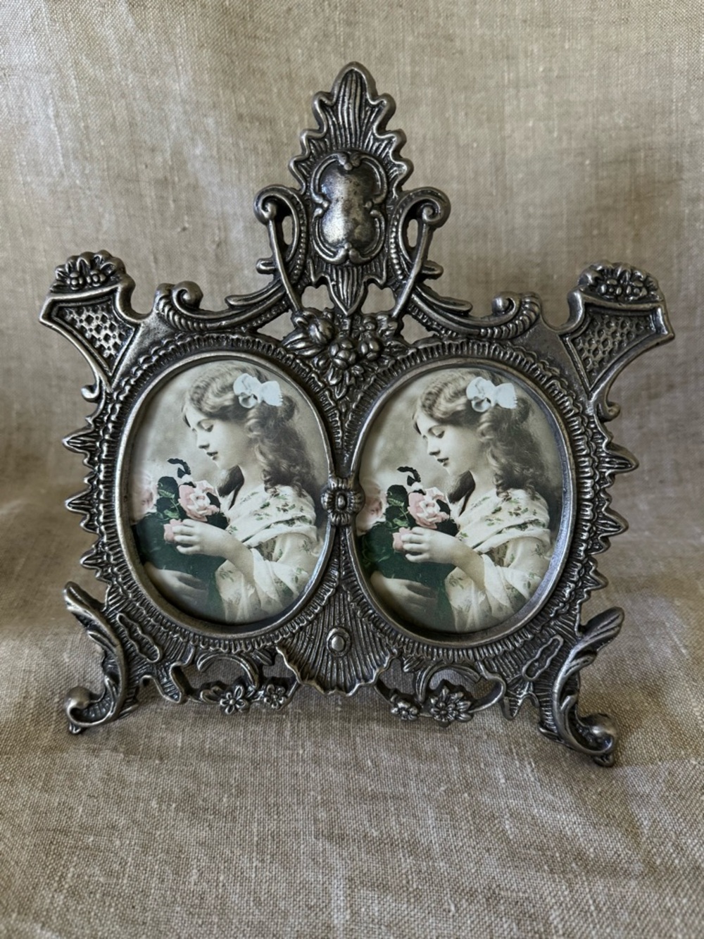 ornate cast metal double photo frame Victorian style